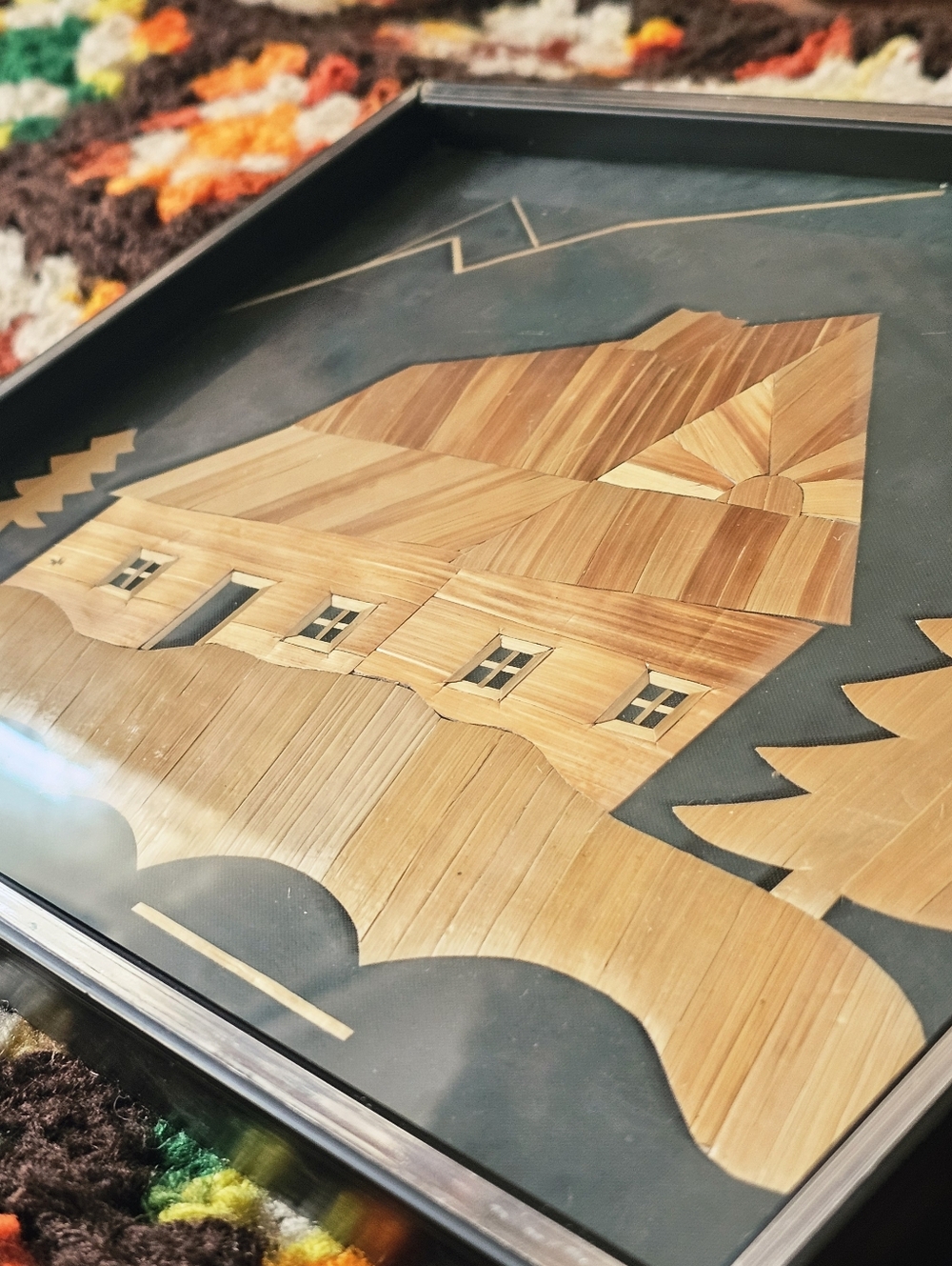 Vintage Polish Straw Wall Art Forest Cabin Scene MCM Framed 60s 70s Decor